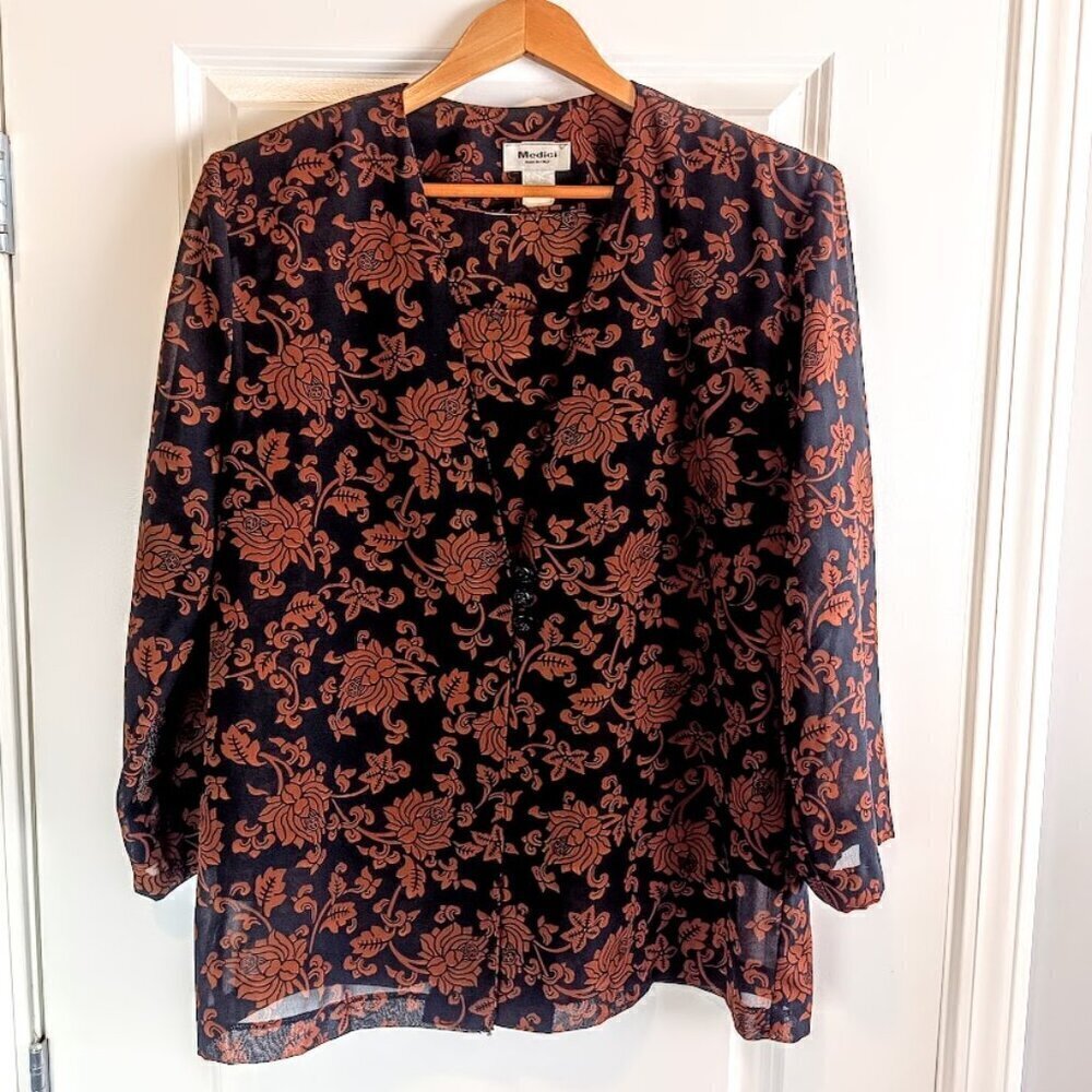 Vintage Medici Italy Brown Black Floral 2-Pc. Blouse & Jacket